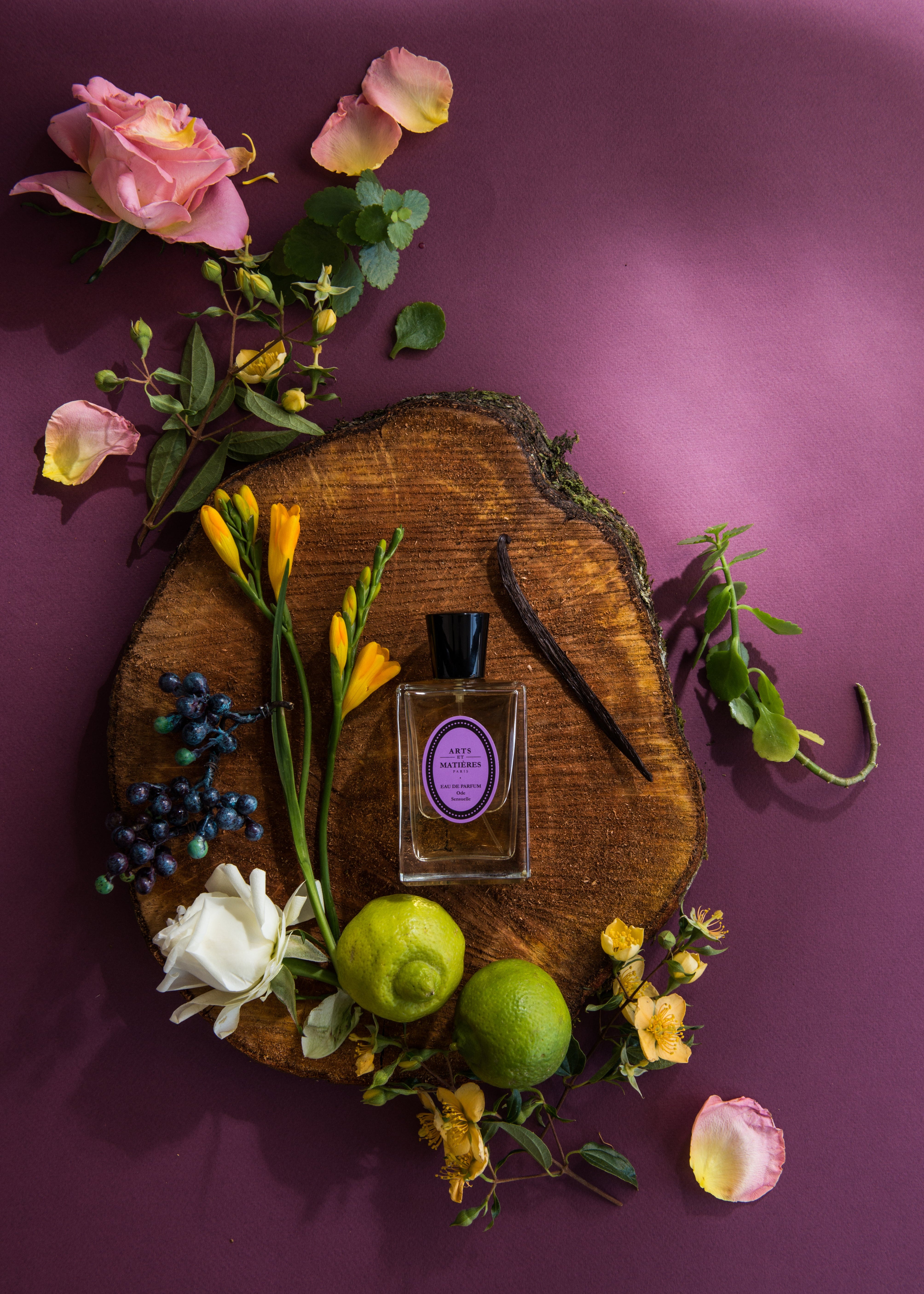 Ode Sensuelle Eau de Parfum bottle with peach, rose, and vanilla notes by Arts et Matières